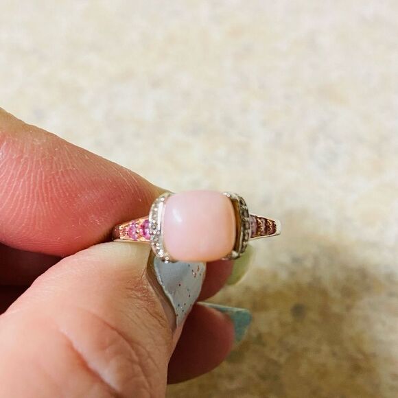 Genuine Peruvian Pink Opal Pink Sapphire & White Zircon Ring Sterling Silver Sz9 - Picture 2 of 4